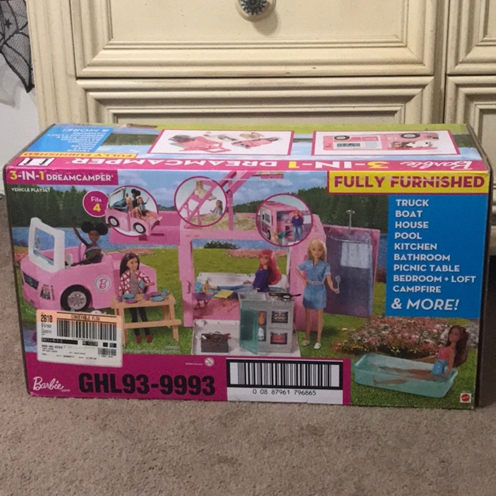 In box Barbie 3 in 1 Dreamcamper fully furnished.